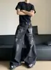 Jeans Masculino Retro Americano Cleanfit Lavado Desgastado Padrão Relâmpago Nicho Vibe Calça Longa Solta Wide-Leg