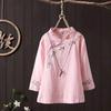 Algodón Puro Estilo Chino Retro Dinastía Han Top para Mujer Verano Manga Tres Cuartos Estilo Étnico Camisa Estilo Chino Literario Botón Traje de Té