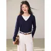 Suéter feminino elegante de outono e inverno, azul marinho, gola macia, estilo casual, falso duas peças, manga longa, corte solto