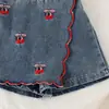 Comércio exterior infantil verão novo padrão de cereja camisa polo colete sem mangas saia jeans calça conjunto de duas peças doce e fofo
