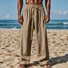 Pantalones Largos Casuales de Algodón y Lino Sueltos de Color Sólido con Cordón para Hombre de Talla Grande, Novedad Transfronteriza Europea y Americana 2025