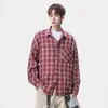 Chamarra tipo camisa de manga larga, corte relajado, estilo americano, camisa a cuadros cepillada casual para hombre, adecuada para ir al trabajo, con cuello desplegable, para usar en otoño
