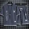 Novo conjunto esportivo de camiseta gola redonda em tricô waffle transfronteiriço, terno casual de verão estilo coreano da moda com estampa de marca para homens