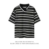 Camiseta Masculina de Verão com Listras, Gola V, Manga Curta, Bloqueio de Cores, Estilo Casal, Listrada em Preto e Branco, Manga Curta, Gola Irregular