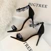 Sapatos de Salto Alto Sexy Casual com Strass Sapatos Femininos Stiletto Cetim Bico Aberto Sandálias de Salto Alto com Tira de Strass para Mulheres Usarem ao Ar Livre