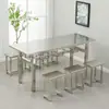 Bancos colgantes y mesas de comedor de acero inoxidable para cafetería escolar, mesas de comedor unitarias para 4, 6, 8 personas, mesas y sillas de comedor para comida rápida de fábrica, juego integrado