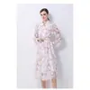 Vestido Camisa de Encaje Floral para Mujer Solapa Manga Larga Cintura Ceñida con Cinturón Falda de Corte A de Longitud Media Ropa Femenina Europea Americana Transfronteriza