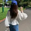 Actualización de talla de envío Otoño chic coreano nueva llegada Francés Cuello en V Cintura con cordón Mangas abullonadas Camisa de gasa para mujer