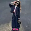 Nueva colección de otoño para niñas: Conjunto de chaqueta vaquera color block estilo coreano y pantalones de pierna ancha, adecuado para primavera y otoño, un atuendo de moda para estudiantes