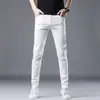 Calça Jeans Branca de Seda de Gelo de Hong Kong para Homens, Corte Slim, Perna Reta, Elástica, Versátil, Marca de Luxo, Tencel, Casual, Estilo Fino de Verão