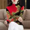 Camiseta Interior de Manga Larga con Cuello Alto y Estampado de Terciopelo Engrosado para Primavera y Otoño para Mujeres de Mediana Edad y Mayores, Top de Gama Alta que Cubre el Vientre