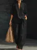 Conjunto de Pantalones Anchos de Lino con Cuello en V y Mangas Cortas Estilo Europeo y Americano Nuevo 2026 para Mujer, Conjunto Casual de Dos Piezas Moda Verano, Transfronterizo