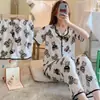 Conjunto Novo de Verão Hangtie de Três Peças Fino Doce Gola V Cardigã Solto Peça Externa Roupas de Casa Pijamas para Mulheres