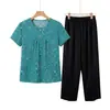 Traje de Verano Estampado de Manga Corta para Mujeres de Mediana Edad y Mayores, Camisa Holgada, Conjunto de Dos Piezas de Camisa para Madres de Edad Avanzada