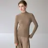 Suéter simples e elegante de cashmere canelado com gola alta para mulheres, cor sólida, caimento justo, macio, de manga comprida, camada base de lã