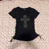 Estilo de Rua Americano Camiseta Casual Slim-Fit Personalizada com Cruz de Strass Top Feminino Slim-Fit de Gola Redonda Transfronteiriço