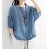 Camiseta Casual Holgada Talla Grande para Mujer Camisa Murciélago Dobladillo con Cordón Cuello Redondo Manga Media Imitación Algodón y Lino Top 2024 Verano