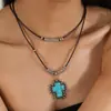 Pendente Cruz de Luz Sagrada Europeu e Americano Transfronteiriço Turquesa Cordão de Couro Dupla Camada Alto Preço Acessórios de Joias Femininas
