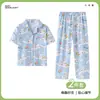 Pijama Infantil Estilo Coreano para Mujer de Manga Corta Imitación Algodón Conjunto de Ropa para Casa Caricatura Cárdigan Pantalones Cortos Pijama de Verano para Niños