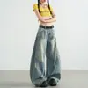 Jeans rasgados de guadaña de estilo callejero americano para mujer, primavera y otoño, elegantes de cintura alta, holgados, lavados, de pierna ancha, largos