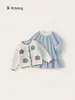 Youbao Roupas Infantis Primavera e Outono Conjunto Feminino Vestido Azul Solto com Suéter Cardigan Colorido Floral Conjunto de Duas Peças para Crianças