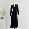 Vestido de Otoño Transfronterizo Estilo Francés con Pedrería Cuello en V Manga Larga Ceñido a la Cintura Vestido Largo Elegante Adelgazante