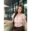 Camisa de color albaricoque, estilo dos piezas, con cuello de lazo en V y manga con volantes para mujer, top elegante de manga corta entallado para ceñir la cintura, de verano