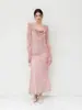 Vestido de Malla de Verano de Alta Gama para Mujer con Diseño Exquisito, Cuello Oscilante, Espalda Descubierta, Diseño de Cinta, Corte Ajustado, Elegante Vestido Largo