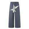 Pantalones Casuales Punk Americanos 11KN Unisex Holgados High Street Estampado de Estrella de Cinco Puntas Retazos Cintura Elástica Pantalones de Chándal Deportivos