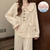Pijamas de Primavera y Otoño para Mujer Tejido Crepé Manga Larga Cuello de Muñeca Cárdigan Almohadilla de Pecho Fija Casual Lindo Suelto Ropa para el Hogar