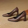Retro Francés Piel Suave Tacón Grueso 2026 Viaje Marrón Para Mujer Sin Cordones Temperamento Versátil Punta Cuadrada Escotado Tacones Altos Mujer