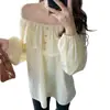Camisa Base de Manga Larga con Volantes para Mujer, Primavera y Otoño, Tallas Grandes, Elegante Diseño Francés, Impresionante Top Hombros Descubiertos