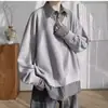Sudadera Camisa con Parches de Raya Estilo Americano Falsa de Dos Piezas para Hombre, Diseño Otoño e Invierno, Top Holgado de Manga Larga Retro Moderno