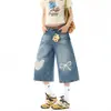Calça capri jeans retrô com coração rasgado e laço para homens e mulheres, shorts de verão largos e soltos de cintura alta para emagrecer