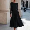 Novedad 2026 estilo europeo y americano: Vestido de manga larga con cuello de volantes, que presenta una falda fluida y voluminosa y un diseño de longitud media, perfecto para fiestas de mujeres y ocasiones formales