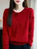 Elegante suéter 100% lana pura para mujer, suéter grueso de cuello redondo para otoño e invierno con rosas bordadas a mano, cárdigan de lana