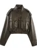 Chaqueta Corta Casual de Cuello Alto de Manga Larga para Mujer, Color Sólido, Piel Sintética, Estilo Transfronterizo Europeo y Americano, Nuevo Modelo Otoño e Invierno