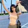 3612 Verano Estilo Puro Deseo Camiseta Versátil con Adorno de Encaje, Cuello Cuadrado, Clavícula Expuesta, Manga Corta Ajustada Top para Mujer