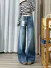 Jeans estiloso de perna larga sem cintura para mulheres, nova coleção primavera/outono, azul retrô, cintura média-baixa, caimento solto, fluido, calça de comprimento total