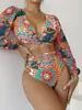 2026 Nuevo Traje de Baño de Comercio Exterior Amazon Sexy de Manga Larga Protección Solar Gama Alta de Cintura Alta Dos Piezas Huludao