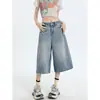 Shorts de Mezclilla de Color Claro para Mujer, Estilo Delgado Versátil de Moda para Verano, Pantalones Anchos 7/8 Sueltos Estilo Americano para Figuras Pequeñas