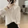 Nueva camisa de moda de otoño con cuello de muñeca para mujer, elegante camisa de algodón para mujeres petite, camisa que disimula el abdomen
