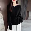 Nueva camisa base de punto para mujer de lana 100% pura con cuello de una línea, estilo único de moda, suéter de punto de manga larga