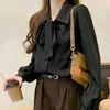 Camisa social com manga lanterna e laço, camisa branca para o trabalho para mulheres, top formal com design de fita