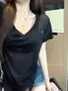Camiseta Lisa Cinza de Manga Curta com Decote V para Mulheres, Estilo Verão Levemente Transparente e Fino, Blusa Solta Casual Preguiçosa Relaxada