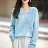 Suéter de punto de lana sin costuras con cuello en V para mujer, otoño e invierno, suéter holgado de manga larga de forro polar, top básico de estilo casual