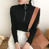 Camada Base Outono Inverno Feminina Gola Meia Alta Zíper Branco Malha Roupa Íntima Slim Fit Tricô Retrô Americano Preto