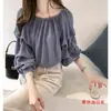 Nueva blusa elegante de gasa sin hombros estilo coreano para mujer, corte holgado, camiseta básica de color liso adelgazante