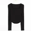 Comércio Exterior Roupas Femininas Coreanas Dongdaemun Camiseta Manga Longa Gola Quadrada Feminina Outono Curta Slim Ajustada Decote Grande Camiseta Básica Top