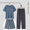 Pijama Nuevo para Hombre de Tres Piezas Modal Manga Corta Pantalones Ropa de Casa Traje Verano Pantalones Cortos Finos Se Pueden Usar Afuera